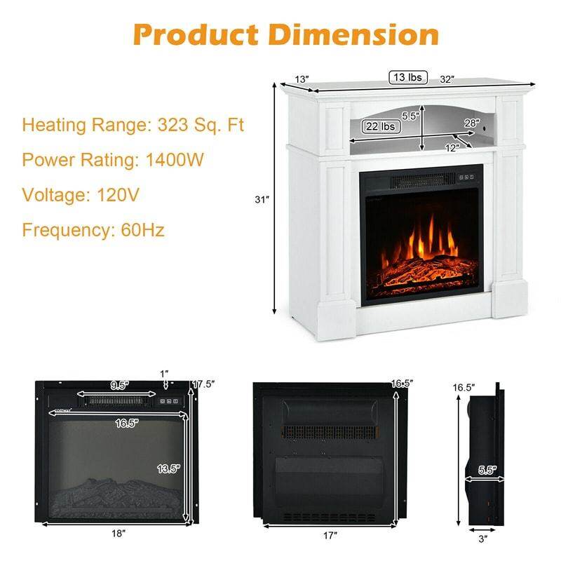 32" Electric Fireplace with Mantel, 1400W Freestanding Heater with Adjustable Flame, Remote Control, Thermostat & Storage Shelf for Living Room
