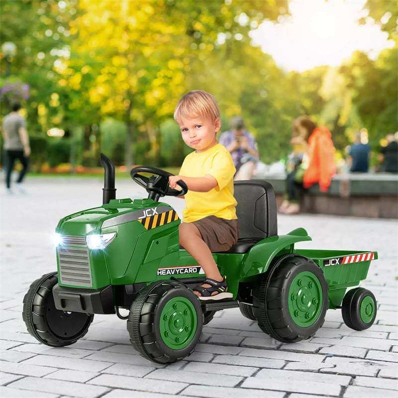 2-in-1 Kids Ride On Tractor with Detachable Trailer, 12V Electric Toy Car with Remote Control & LED Lights, Toddler Tractor for 3-8 Years