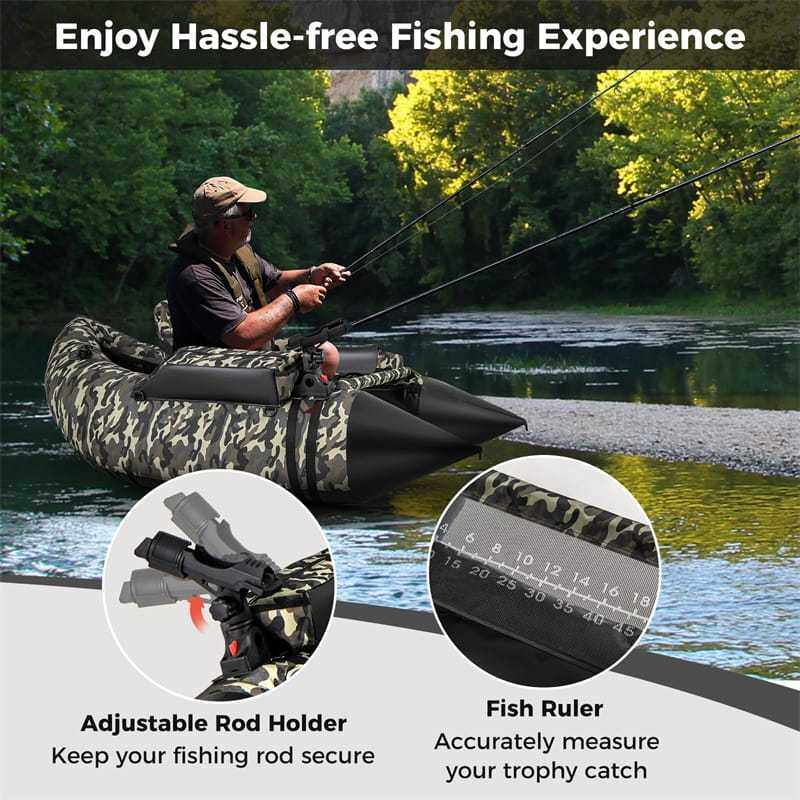 Inflatable Fishing Float Tube 350LBS Capacity Belly Boat with Flippers, Fish Ruler, Rod Holder, Pump, Storage Bag, Adjustable Backrest & Straps