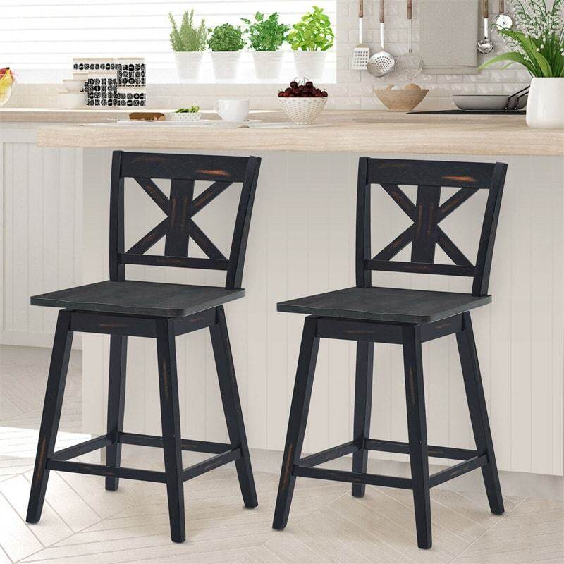 24" Rubber Wood Bar Stools Set of 2, 360° Swivel Counter Height Bar Chairs with Back & Non-Slip Foot Pads for Kitchen Island, Dining Room, Restaurant