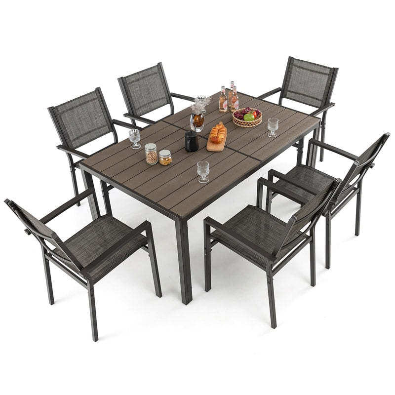 7 Piece Outdoor Dining Set for 6, Metal Frame Patio Furniture Set with 6 Stackable Chairs & Large Rectangle Dining Table for Garden Backyard