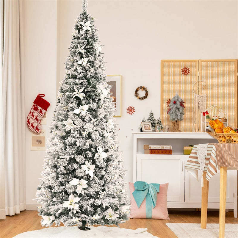 8ft Snow Flocked Artificial Christmas Tree Hinged Pencil Xmas Tree with 807 PVC/PE Branch Tips, White Berries, Poinsettias & Folding Metal Stand