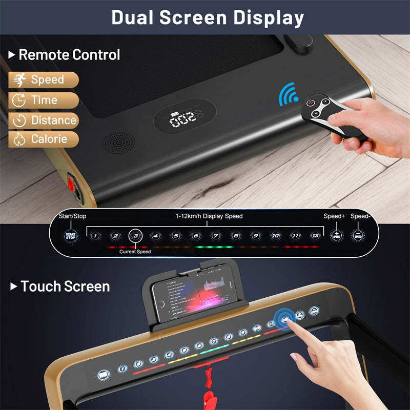 2 in 1 Folding Treadmill 2.25HP Superfit Under Desk Treadmill with Dual Display, Remote & Smart App Control, Walking Pad Treadmill for Home