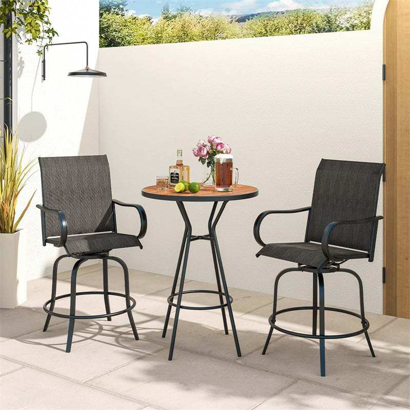 Outdoor Swivel Bar Stools Set of 2, All-Weather Steel Frame Bar Height Patio Chairs with Curved Armrests, High Back & Cozy Footrest