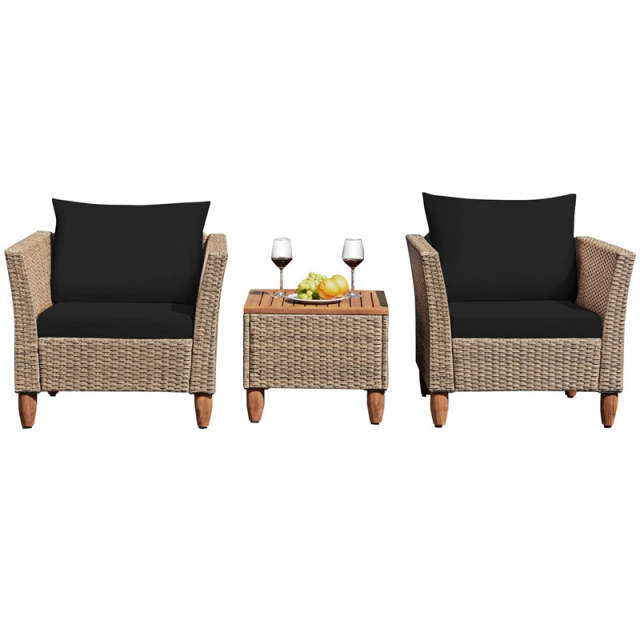 3-Piece Rattan Bistro Sofa Set Wicker Patio Furniture Set with Cushions & Side Table