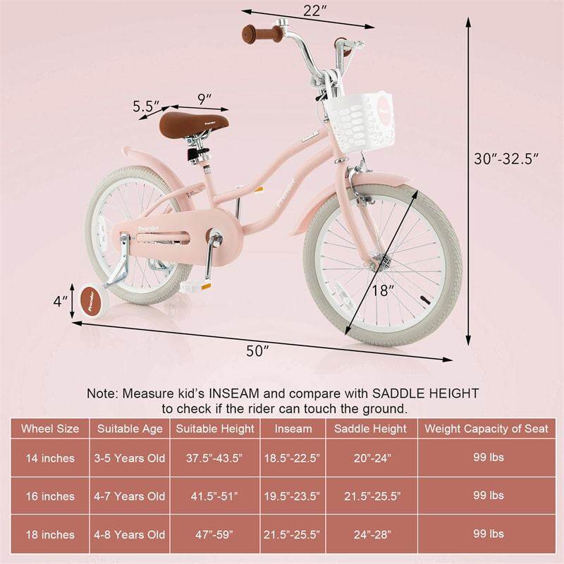 18" Kids Bike, Toddler Bicycle Girls Boys Bike for 3-8 Years Old with Training Wheels Adjustable Seat Removable Basket