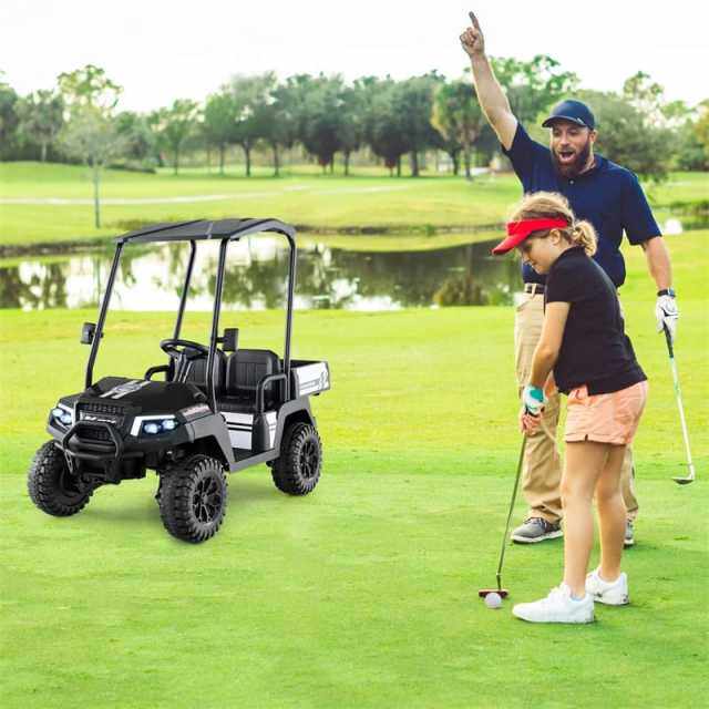 24V Kids Golf Cart, 4WD 2-Seater Electric Ride-On Car with Sun Shade, Storage Trunk, Remote Control & LED Lights for Boys & Girls Ages 3+