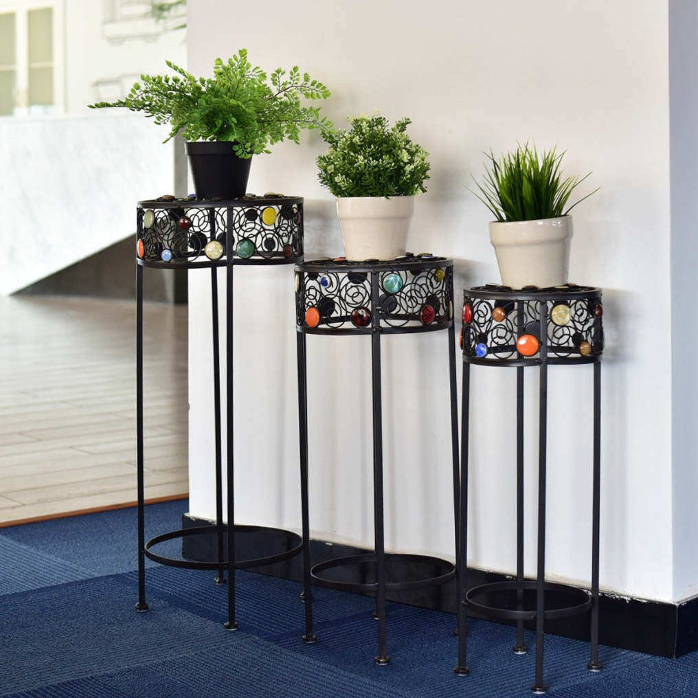 3 Pcs Round Metal Plant Stand Ceramic Beads Flower Display Rack