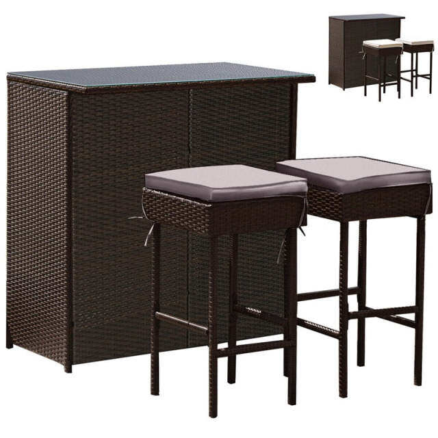 3 Piece Rattan Patio Bar Set Outdoor Wicker Bar Table & Stools Set with 2 Set of Cushion Cover
