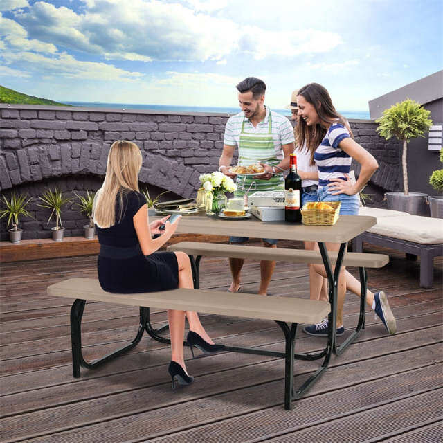 Outdoor Picnic Table Bench Set, All-Weather Metal Frame Camping Table with Built-in Benches & Wood-Like Tabletop for Backyard, Patio, Poolside