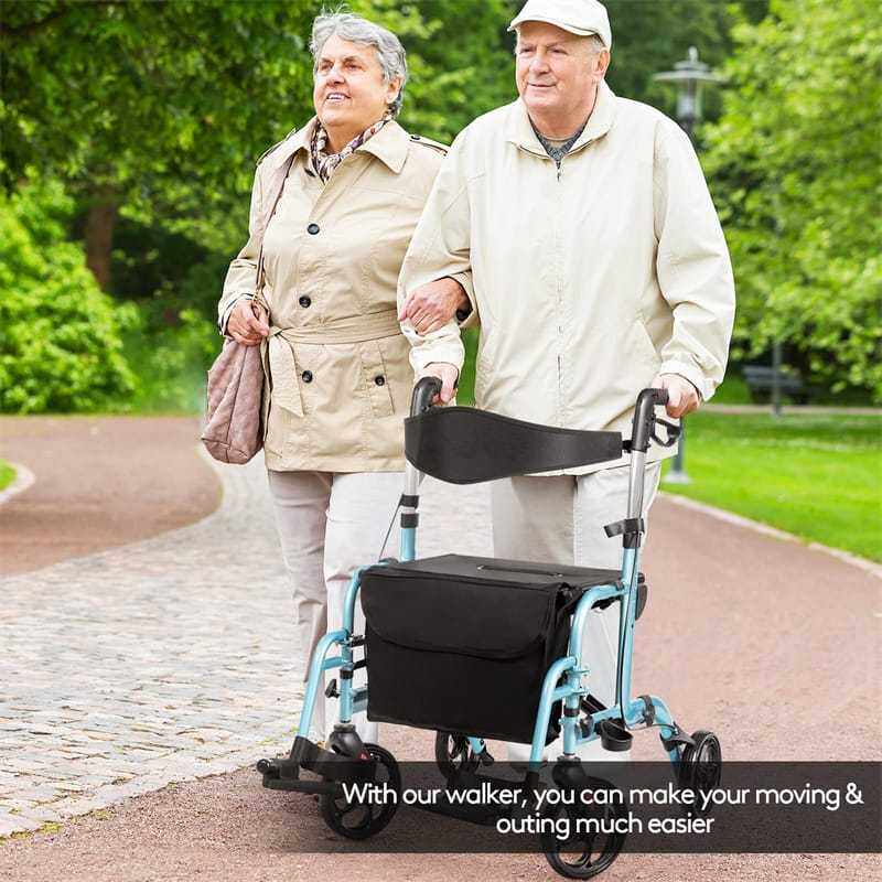 2-in-1 Folding Rollator Walker with Seat for Seniors, Aluminum Medical Walker Transport Chair Combo with 8" Wheels, Adjustable Handle & Backrest