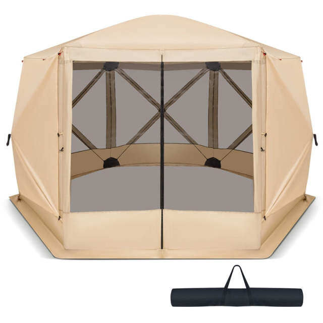 11.5' x 11.5' Pop Up Screen Tent 6-Sided Camping Gazebo Tent Outdoor Instant Canopy Shelter with Netting 2 Wind Clothes & Carry Bag