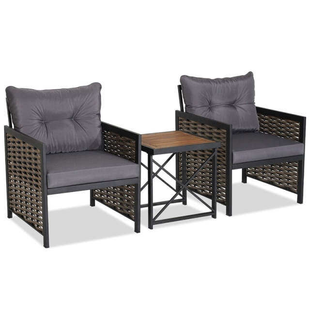 3 Piece Patio Rattan Furniture Set with 2 Cushioned Chairs, Acacia Wood Coffee Table, Heavy-Duty Metal Frame Outdoor Wicker Conversation Set