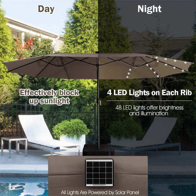 15FT Double-Sided Patio Umbrella with Base, 48 Solar LED Lights & Crank Handle, Extra Large Double Outdoor Umbrella for Poolside, Backyard