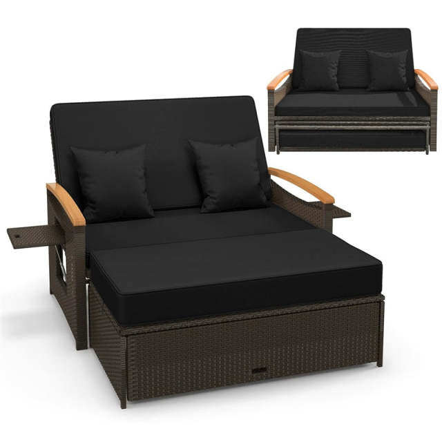 Patio Rattan Daybed Set with Cushioned Loveseat, Storage Ottoman, Retractable Side Tray, Backrest Adjustable Outdoor Double Chaise Lounge