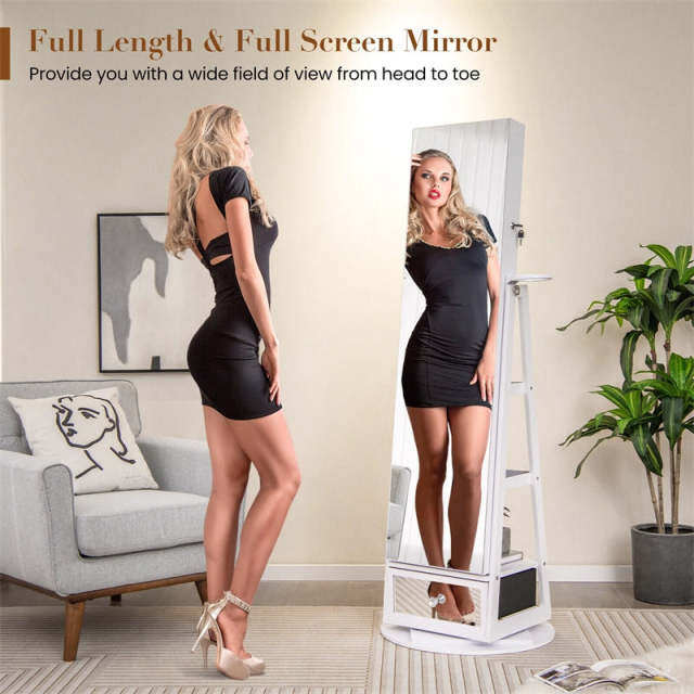 360° Swivel Jewelry Cabinet Armoire, Full-Length Mirror with LED Lockable Jewelry Organizer, Hairdryer Holder, Drawer, Rear Storage Shelves