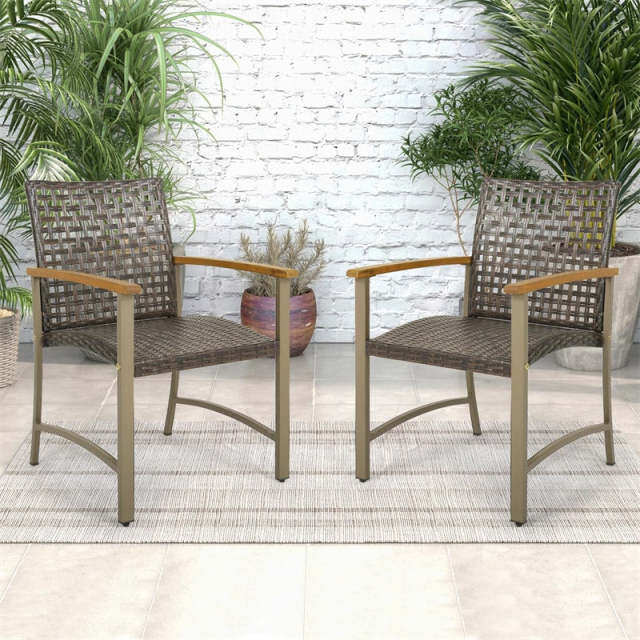 Patio Dining Chairs Set of 4, Outdoor PE Wicker & Metal Frame Chairs with Acacia Wood Armrests, Rattan Armchairs for Garden, Backyard, Poolside