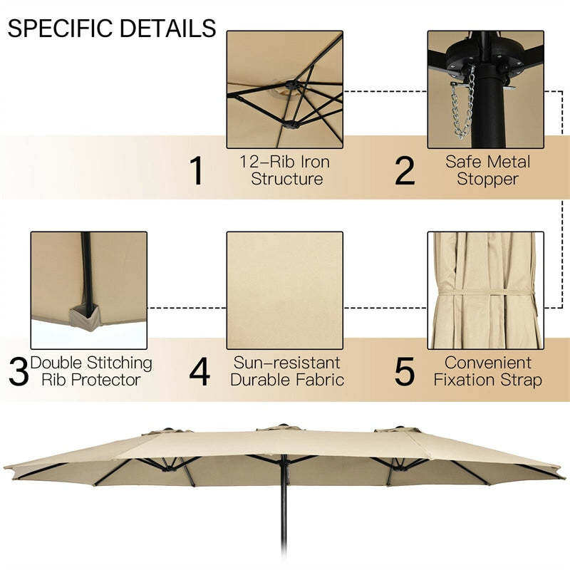 15FT Double-Sided Patio Umbrella with Base, Crank Handle & Air Vent, Extra Large Outdoor Market Umbrella for Poolside, Garden, Backyard