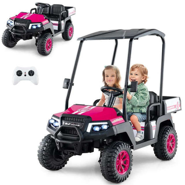 24V Kids Golf Cart, 4WD 2-Seater Electric Ride-On Car with Sun Shade, Storage Trunk, Remote Control & LED Lights for Boys & Girls Ages 3+