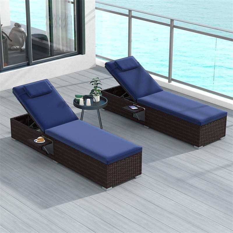 Patio Chaise Lounge Set of 2, Outdoor Rattan Lounge Chairs with 6-Level Adjustable Backrest, Cushions & Headrests, Metal Frame for Backyard