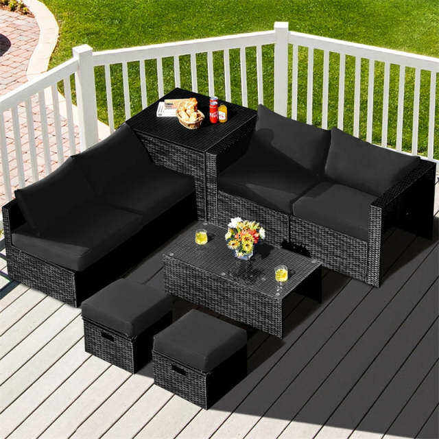 8PCS Wicker Outdoor Sectional Set, Patio Rattan Furniture Set with Storage Box, Coffee Table, Sofas, Ottomans, Cushions & Waterproof Cover