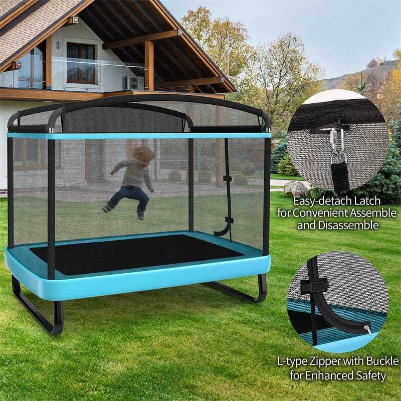 6FT Kids Trampoline with Swing & Safety Enclosure Net, ASTM Approved Indoor Outdoor Rectangle Trampoline for Boys & Girls, 220lbs Capacity