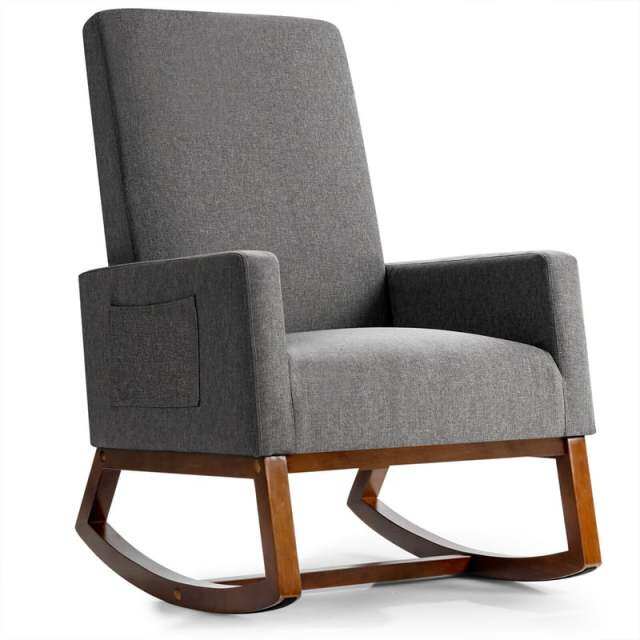 Upholstered Rocking Chair, Mid-Century Modern Fabric Rocker with Wood Base & Side Pocket, High Back Accent Chair for Nursery, Living Room