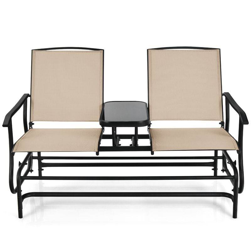 2-Person Outdoor Glider Chair with Center Tempered Glass Table, Steel Frame & Breathable Mesh, Patio Rocking Bench for Porch Garden Poolside