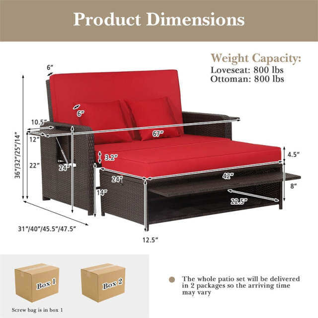Patio Rattan Daybed Set, Outdoor Wicker Loveseat Sofa w/Multipurpose Ottoman, Retractable Side Tray, 4-Level Adjustable Backrest & Cushions
