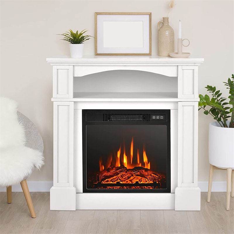 32" Electric Fireplace with Mantel, 1400W Freestanding Heater with Adjustable Flame, Remote Control, Thermostat & Storage Shelf for Living Room