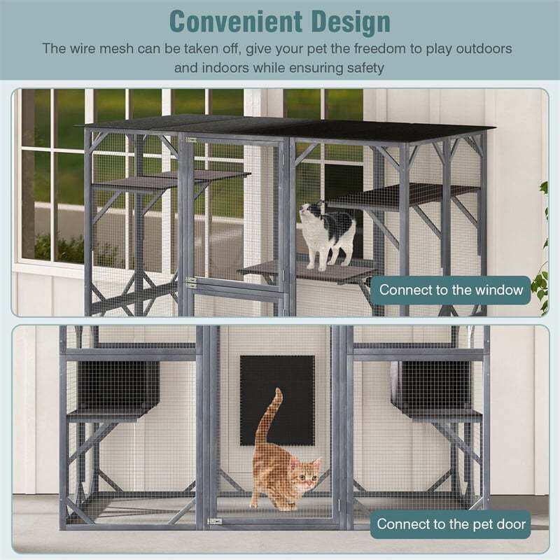 71" Tall Catio Outdoor Cat Enclosure Large Wooden Cat House Walk-in Cat Condo Cat Cage Kitten Playpen with Weatherproof Asphalt Roof