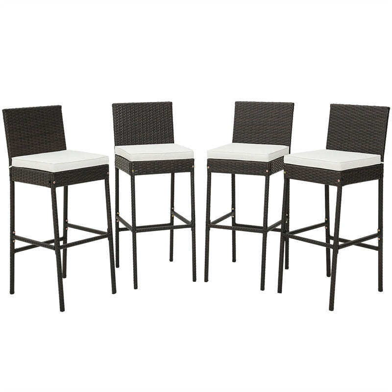 Wicker Outdoor Bar Stools Set of 4, Heavy-Duty Metal Frame Rattan Patio Bar Height Chairs w/ Cushions, Footrests for Backyard, Balcony