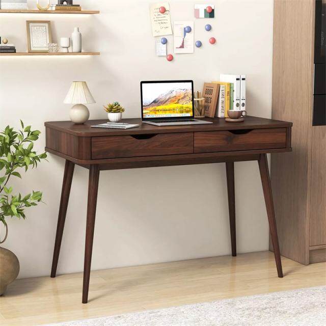 43.5" Mid-Century Desk, Modern Writing Study Desk with 2 Drawers & Rubber Wood Legs, Home Office Desk for Small Space, Vanity Table for Bedroom