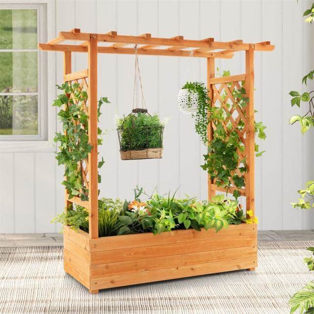 Raised Garden Bed with Arch Trellis, Hanging Roof, Outdoor Wood Planter Box w/ Side Trellis, Drainage Holes for Climbing Plants, Vines, Flowers