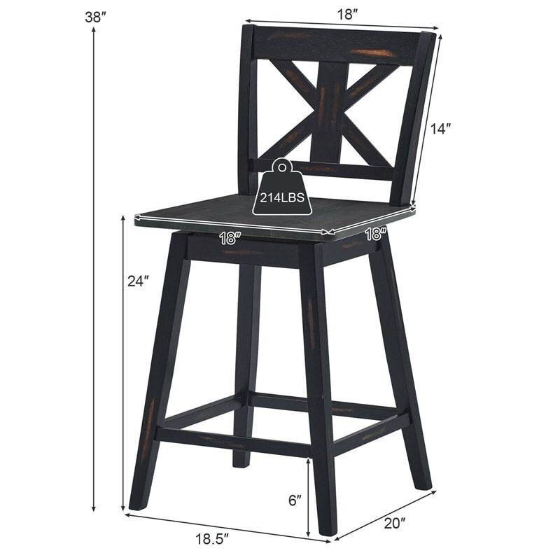 24" Rubber Wood Bar Stools Set of 2, 360° Swivel Counter Height Bar Chairs with Back & Non-Slip Foot Pads for Kitchen Island, Dining Room, Restaurant