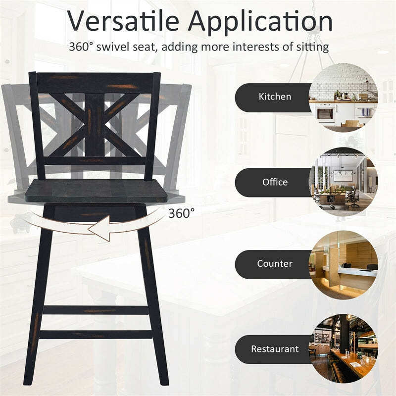 24" Rubber Wood Bar Stools Set of 2, 360° Swivel Counter Height Bar Chairs with Back & Non-Slip Foot Pads for Kitchen Island, Dining Room, Restaurant