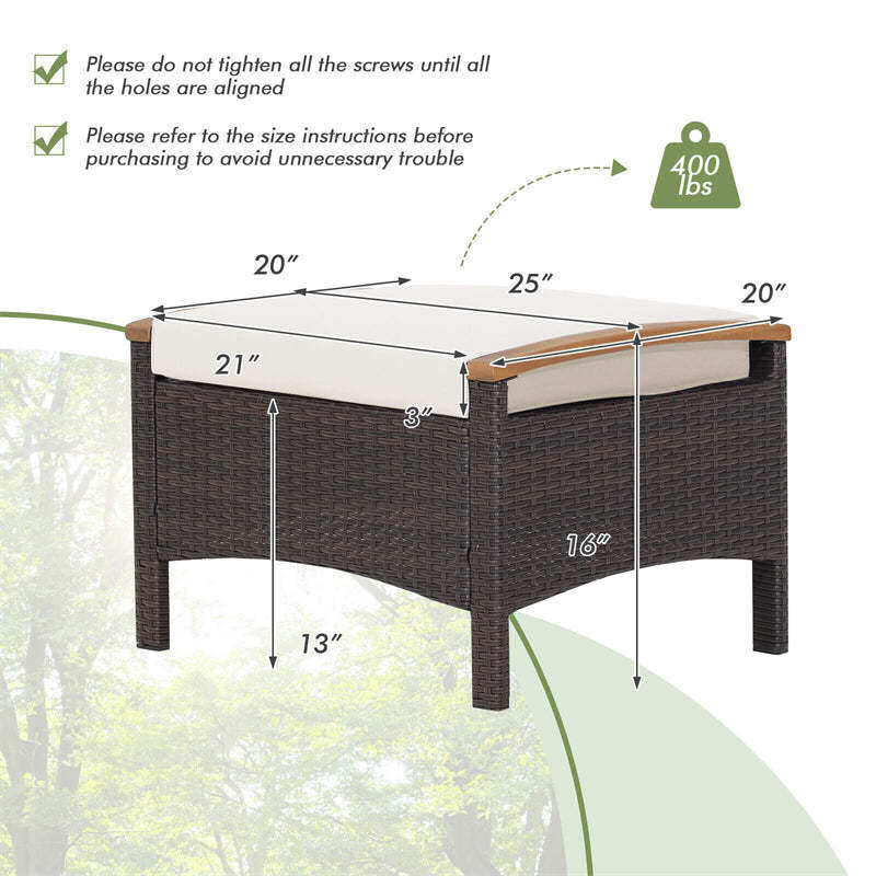 2PCS Patio PE Rattan Ottomans w/ Acacia Wood Handle & Removable Cushion, 3-in-1 Wicker Outdoor Footrest Seat & Side Table for Poolside, Backyard