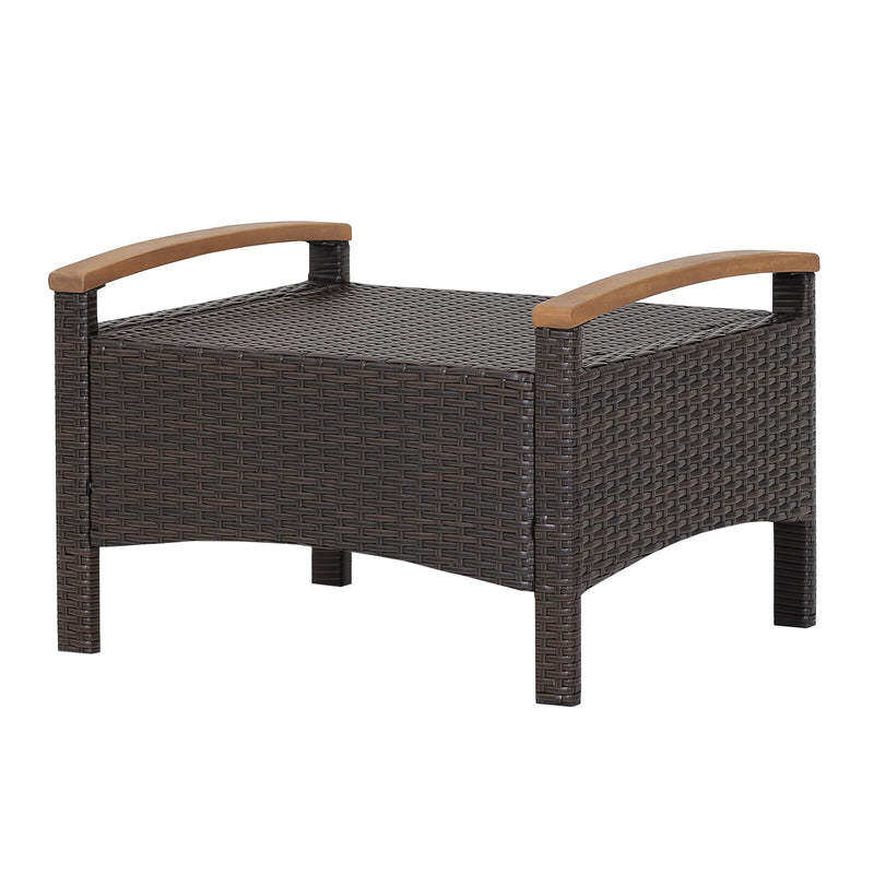 2PCS Patio PE Rattan Ottomans w/ Acacia Wood Handle & Removable Cushion, 3-in-1 Wicker Outdoor Footrest Seat & Side Table for Poolside, Backyard