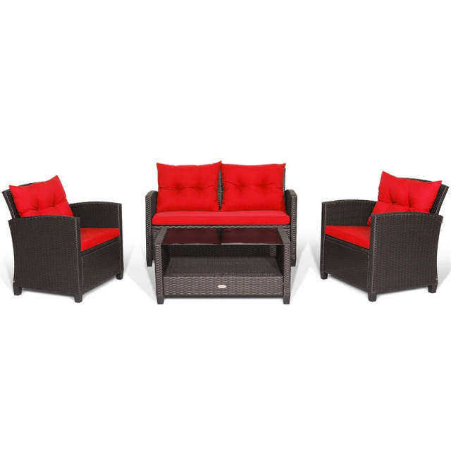 4 Piece Outdoor Rattan Furniture Set, Patio Conversation Set with Lower Shelf Coffee Table, Loveseat, 2 Cushioned Chairs for Garden Backyard