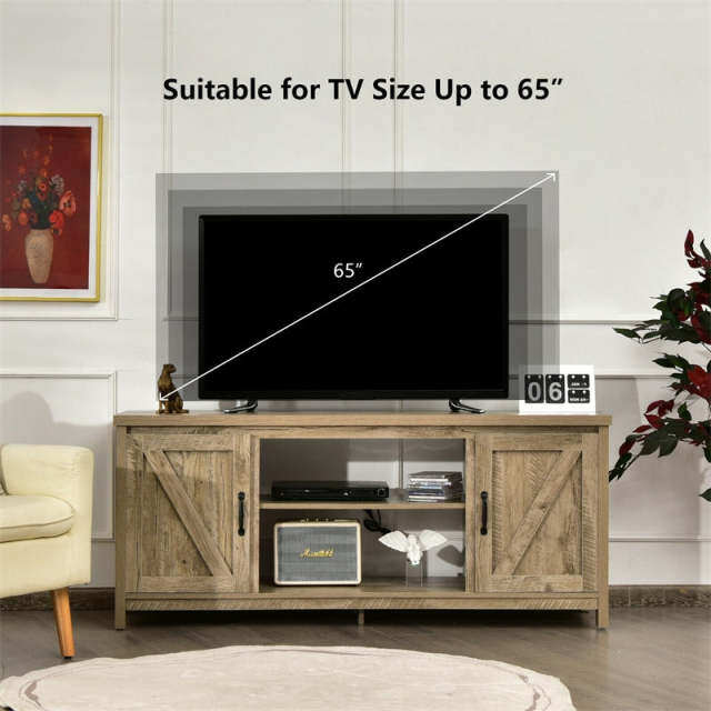 59" Fireplace TV Stand for TVs Up to 65", Farmhouse Wooden Media Console Table with Barn Doors, Storage Cabinet, Adjustable Shelves