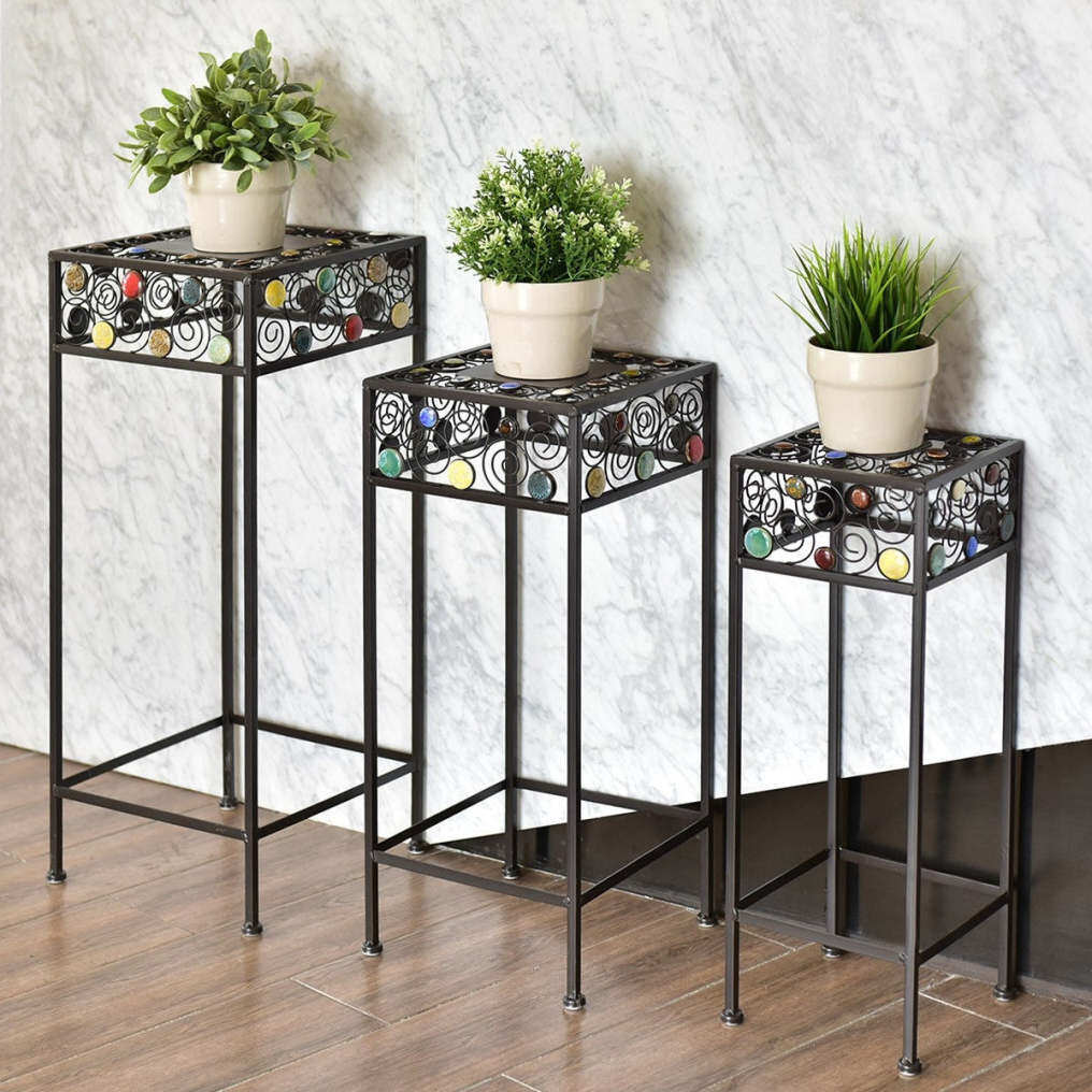 3 Pcs Square Metal Plant Stand Ceramic Beads Flower Display Rack