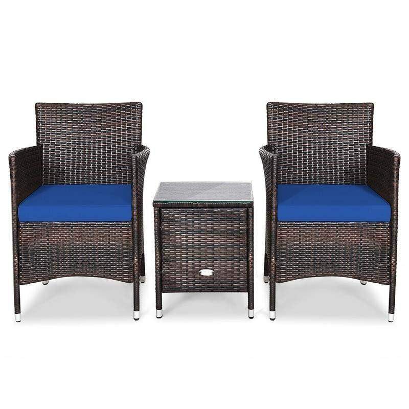 Bestoutdor 3 Piece Patio Rattan Furniture Set, Outdoor Wicker Bistro Set with Cushions & Glass Top Coffee Table for Garden, Porch, Lawn