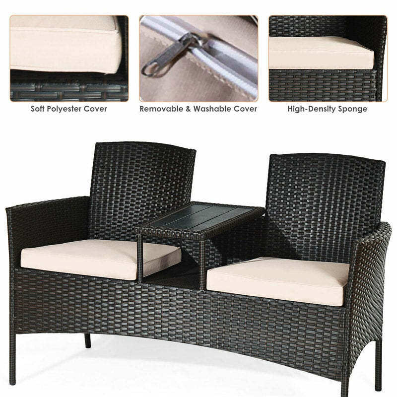 Patented Modern Wicker Patio Conversation Set Outdoor Rattan Loveseat with Built-in Coffee Table & Cushions