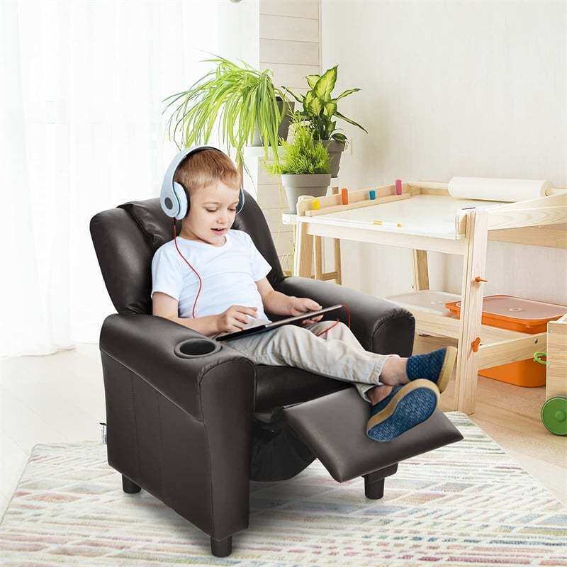 Kids Recliner Chair with Cup Holder, Armrests & Retractable Footrest, Children PU Leather Sofa Armchair, Ergonomic Toddler Room Furniture