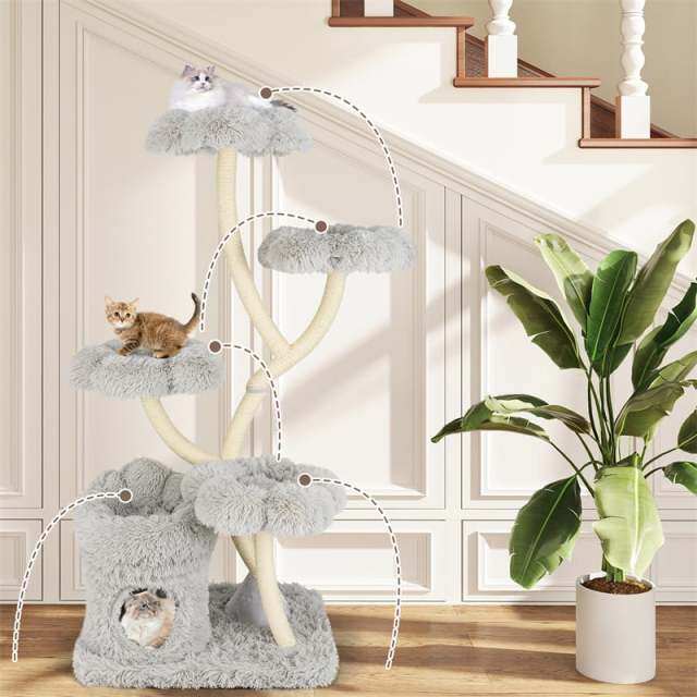 65" Tall Multi-Level Cat Tree, Freestanding Cat Tower w/2-in-1 Cat Condo, Plush Flower Platforms & Sisal Scratching Posts for Large Indoor Cats