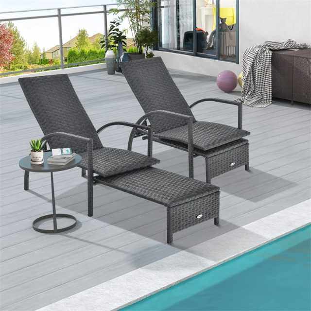 Patio Chaise Lounge Set of 2, Outdoor Rattan Lounge Chairs with Retractable Footrest, 5-Level Adjustable Backrest, Padded Seat, Metal Frame for Yard
