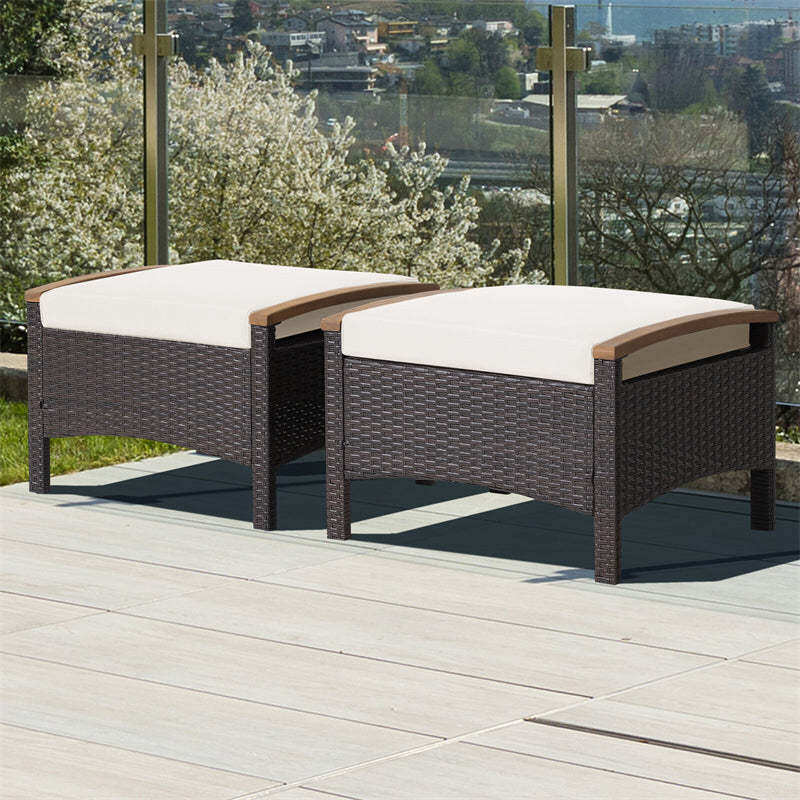 2PCS Patio PE Rattan Ottomans w/ Acacia Wood Handle & Removable Cushion, 3-in-1 Wicker Outdoor Footrest Seat & Side Table for Poolside, Backyard