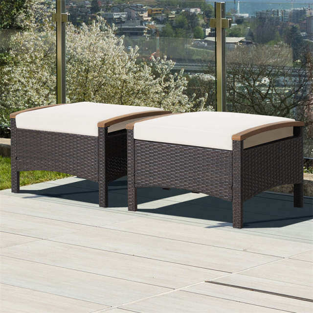 2PCS Patio PE Rattan Ottomans w/ Acacia Wood Handle & Removable Cushion, 3-in-1 Wicker Outdoor Footrest Seat & Side Table for Poolside, Backyard