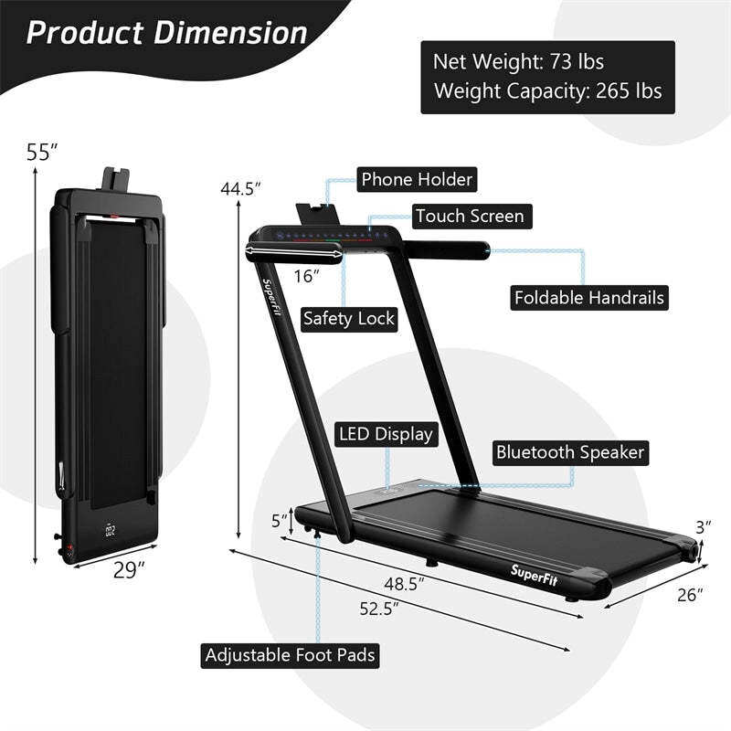 2-in-1 Under Desk Treadmill, 2.25HP SuperFit Folding Walking Jogging Machine with Dual Display, Remote & App Control, Bluetooth for Home Office