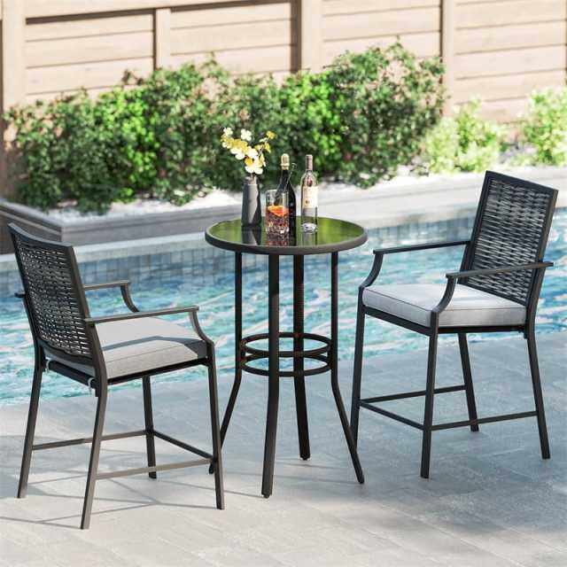 Outdoor Metal Bar Stools Set of 2 with Rattan Back, Fabric Seat & Cushions, 330 LBS Capacity Counter Height Patio Chairs for Backyard, Poolside